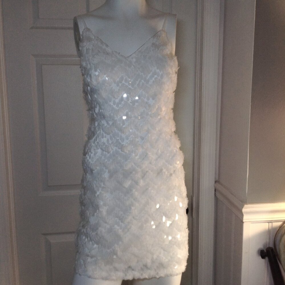 Just Me, "S", White, Lined Sequined Flapper-esque dress; Cocktail Party, Couture